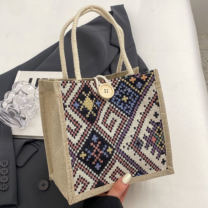 Women'S Bags Top-Handle Bags National Style Canvas Bag Women'S New Fashion Outing Portable Linen Lunch Box Lunch Bag Hand-Held Mommy Bag Handbag