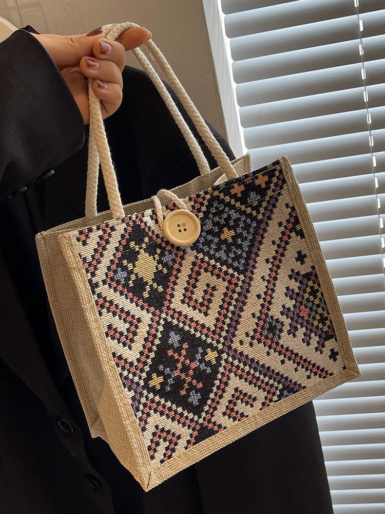 Women'S Bags Top-Handle Bags National Style Canvas Bag Women'S New Fashion Outing Portable Linen Lunch Box Lunch Bag Hand-Held Mommy Bag Handbag