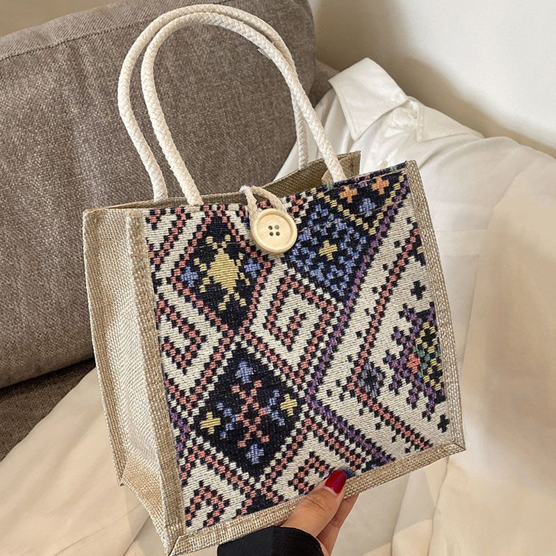 Women'S Bags Top-Handle Bags National Style Canvas Bag Women'S New Fashion Outing Portable Linen Lunch Box Lunch Bag Hand-Held Mommy Bag Handbag