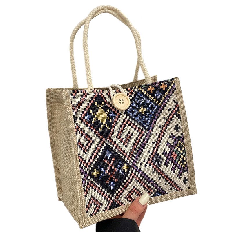 Women'S Bags Top-Handle Bags National Style Canvas Bag Women'S New Fashion Outing Portable Linen Lunch Box Lunch Bag Hand-Held Mommy Bag Handbag
