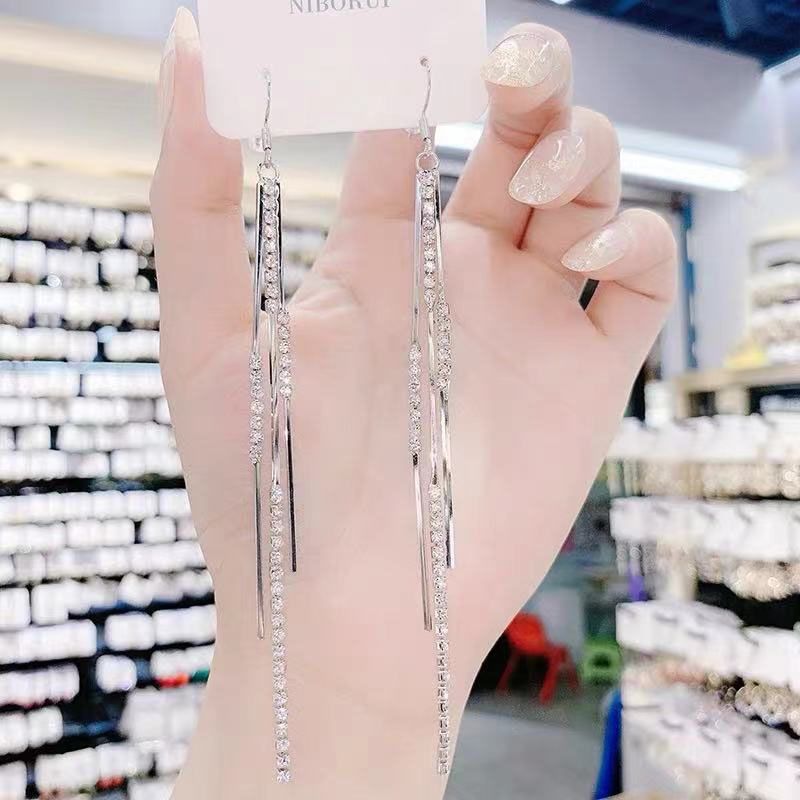 Fashion Women Jewelry Earrings Long Style, Slimming Face, Exaggerated Long Earrings With Sparkling Rhinestones, Tassels, Exquisite And Super Fairy Earrings
