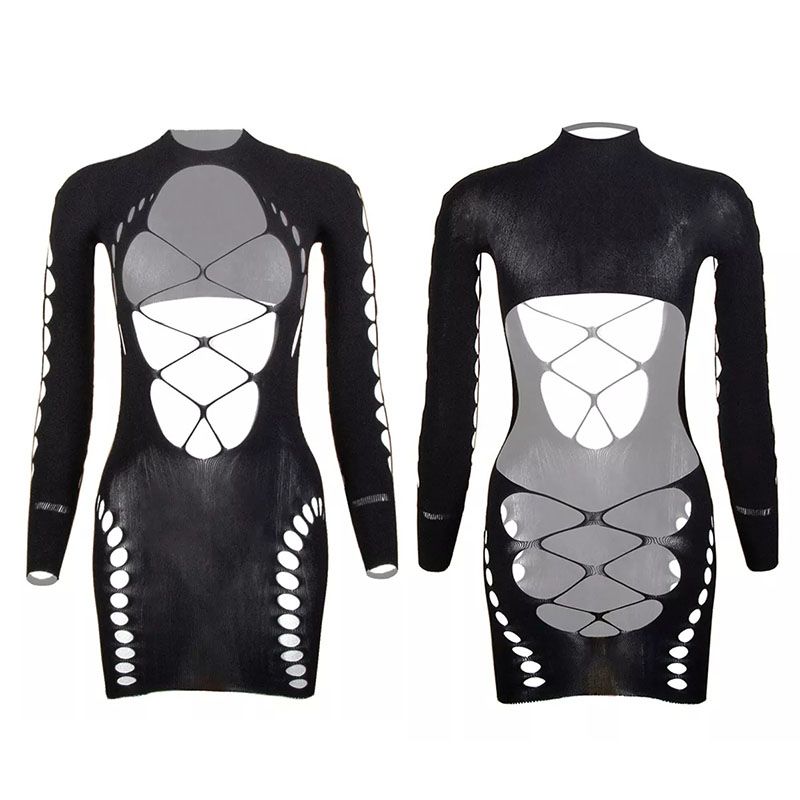 Women'S  Lingerie Sexy Net Clothing, Female Sexy Fishnet Jumpsuit, Pajamas, Long-Sleeved Backpack, Hip Skirt, Breast-Revealing Tights