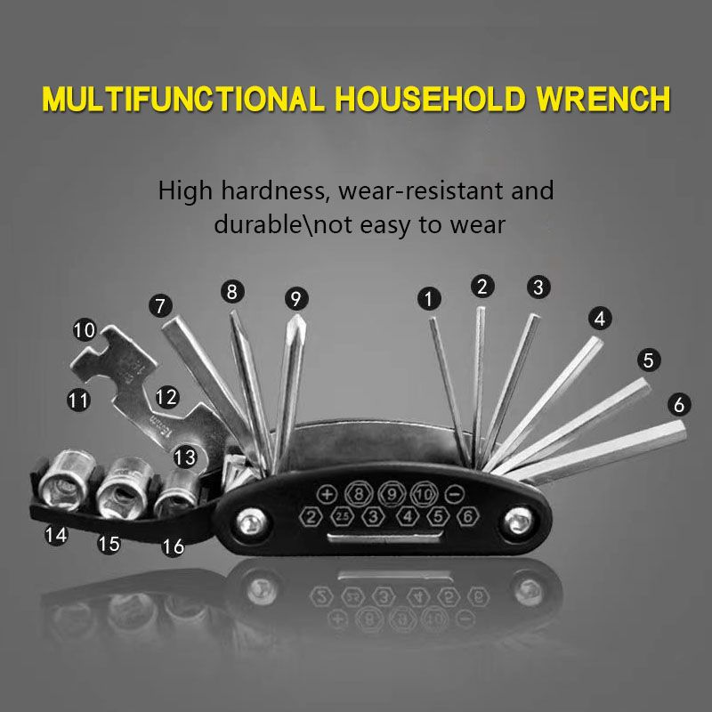 16 in 1 Outdoor Recreation Cycling Bike Tools Maintenance Bicycle Repair Tool Maintenance Combination Tire Repair Tool Multi-Functional Folding Repair Tool Wrench Set
