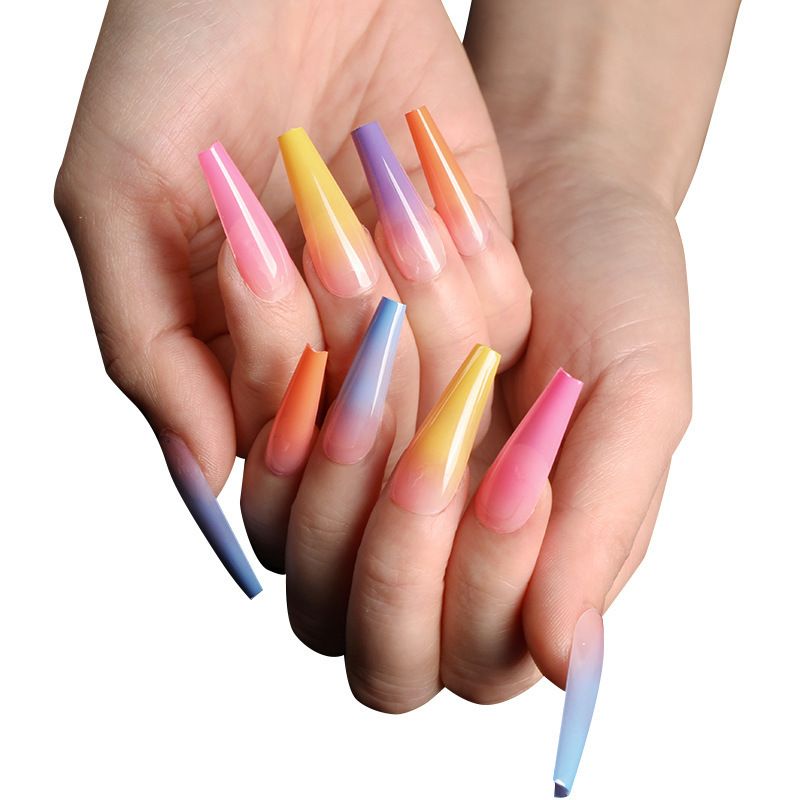 24 Pieces/Set Reusable Fake Nail Stickers Set Wearable Nail Pieces Finished Gradient Color Long Nail Stickers Fake Nail Nail Art Nail Art Wearable Fake Nail Pieces