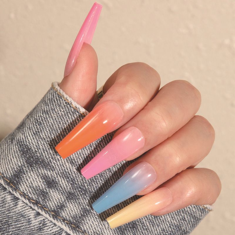 24 Pieces/Set Reusable Fake Nail Stickers Set Wearable Nail Pieces Finished Gradient Color Long Nail Stickers Fake Nail Nail Art Nail Art Wearable Fake Nail Pieces