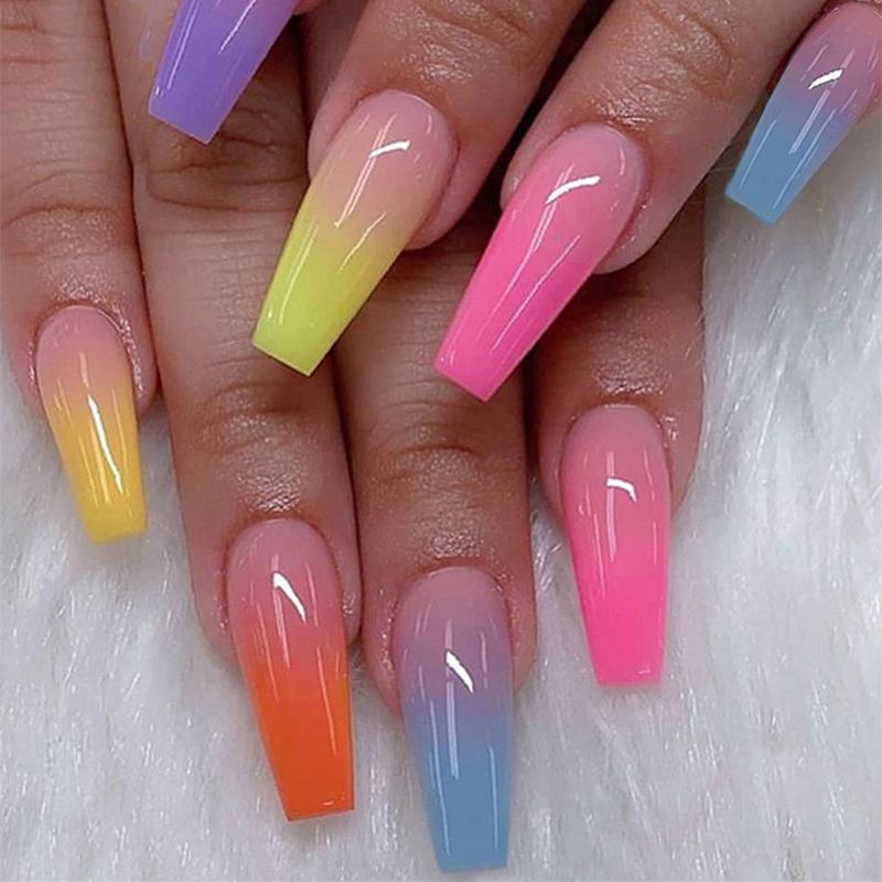 24 Pieces/Set Reusable Fake Nail Stickers Set Wearable Nail Pieces Finished Gradient Color Long Nail Stickers Fake Nail Nail Art Nail Art Wearable Fake Nail Pieces