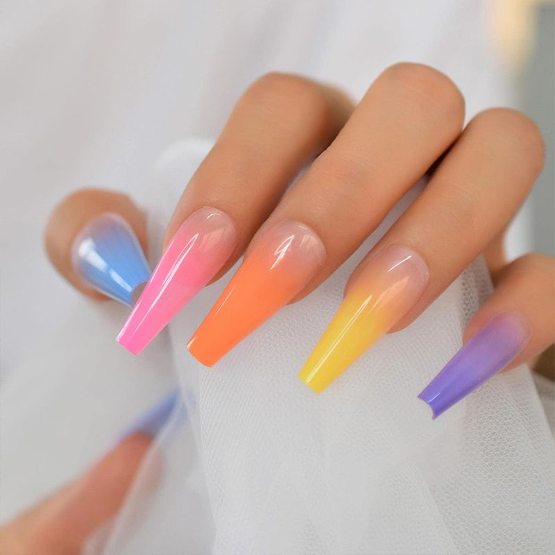 24 Pieces/Set Reusable Fake Nail Stickers Set Wearable Nail Pieces Finished Gradient Color Long Nail Stickers Fake Nail Nail Art Nail Art Wearable Fake Nail Pieces