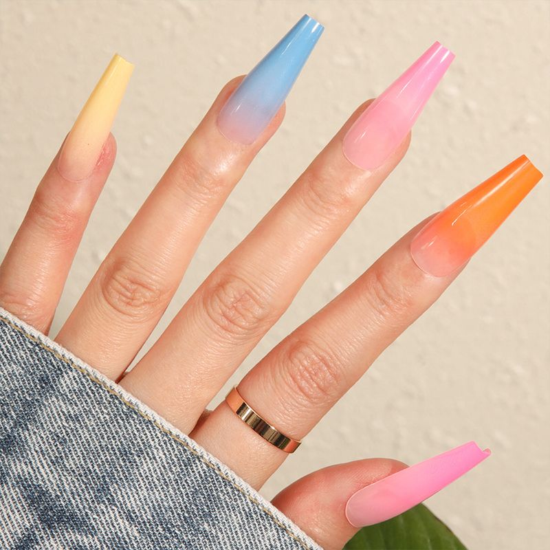 24 Pieces/Set Reusable Fake Nail Stickers Set Wearable Nail Pieces Finished Gradient Color Long Nail Stickers Fake Nail Nail Art Nail Art Wearable Fake Nail Pieces