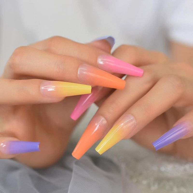 24 Pieces/Set Reusable Fake Nail Stickers Set Wearable Nail Pieces Finished Gradient Color Long Nail Stickers Fake Nail Nail Art Nail Art Wearable Fake Nail Pieces