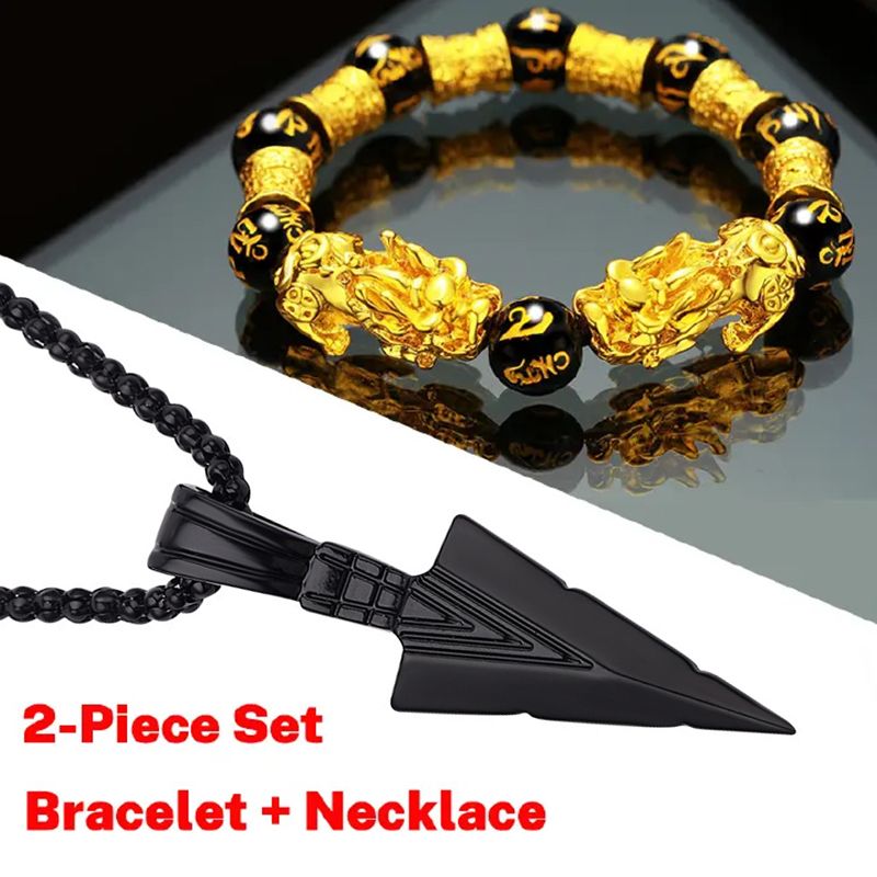 2 Pieces Men Jewelry Sets 【Necklace+Bracelet】 Domineering Pixiu Bracelet Imitation Gold Obsidian Six-Word Mantra Buddha Bead Bracelet + Triangle Spearhead Necklace Retro Arrow Necklace Pendant