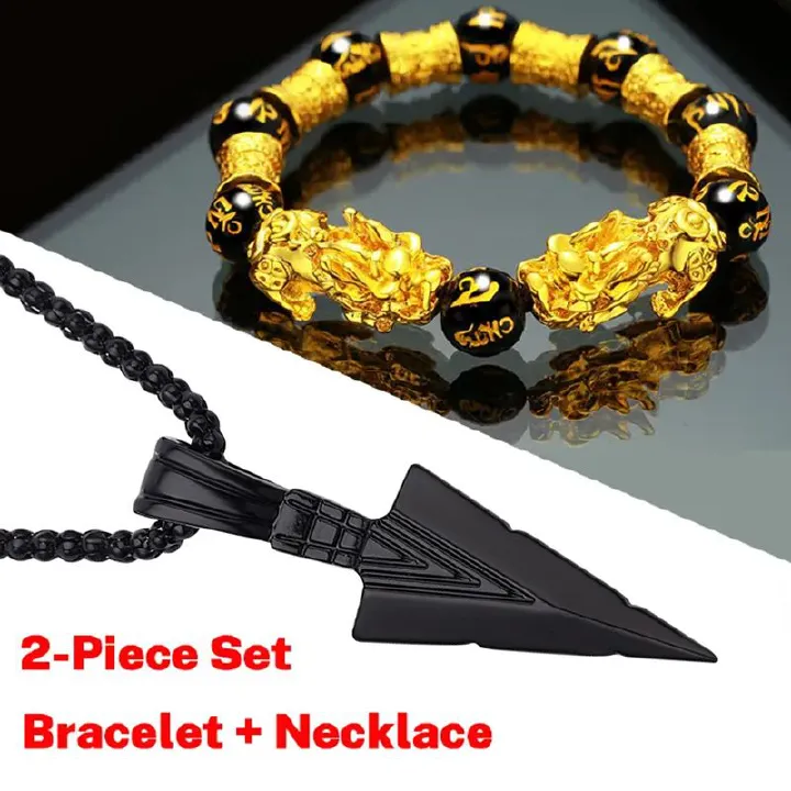 Men's Domineering Jewelry Combo 2PCS - Feng Shui Pixiu Bracelet + Arrowhead Necklace, Six-Word Mantra Obsidian Beads for Wealth, Black & Gold Gift Set