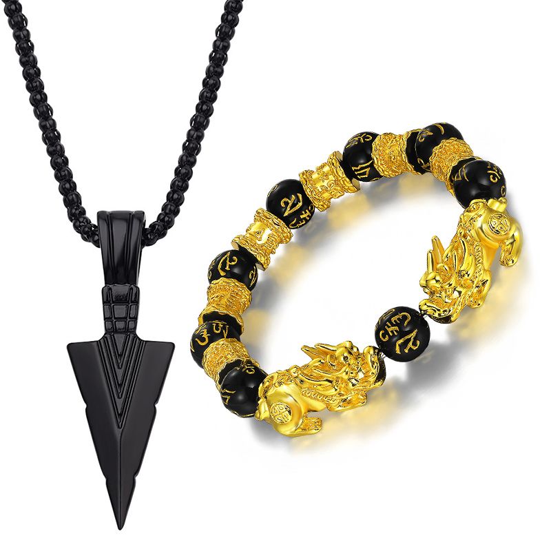 Men Jewelry Sets 【Necklace+Bracelet】 Domineering Pixiu Bracelet Imitation Gold Obsidian Six-Word Mantra Buddha Bead Bracelet / Personalized Triangle Spearhead Necklace Retro Arrow Necklace Pendant Necklace+Bracelet