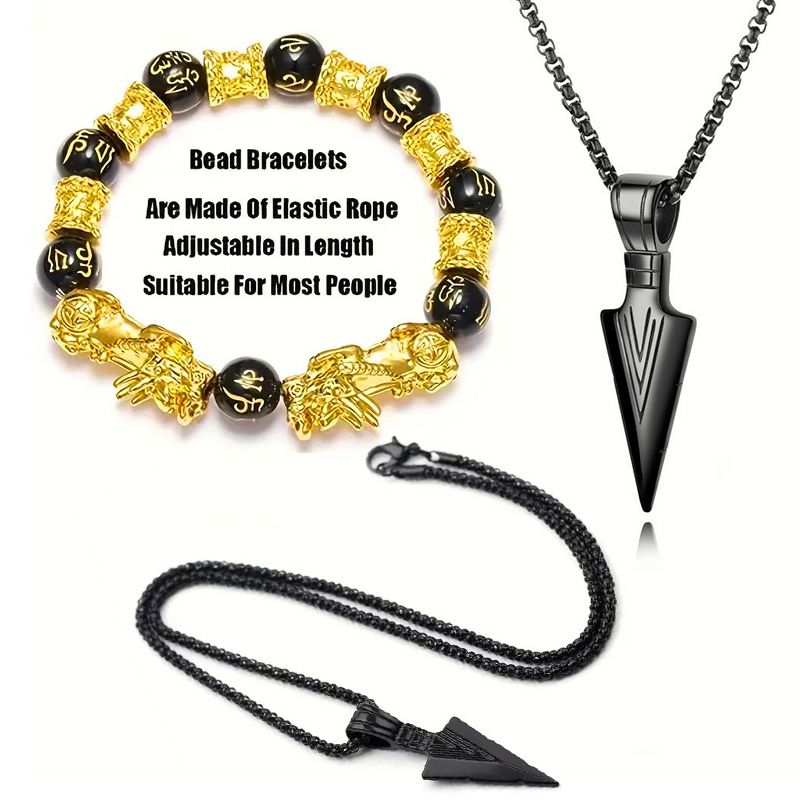 2 Pieces Men Jewelry Sets 【Necklace+Bracelet】 Domineering Pixiu Bracelet Imitation Gold Obsidian Six-Word Mantra Buddha Bead Bracelet + Triangle Spearhead Necklace Retro Arrow Necklace Pendant