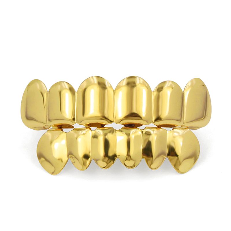 Hip Hop Unisex  Braces Teeth Grillz Caps Top Bottom Grill Set Flat Teeth Golden Dental Braces Glossy 6-tooth Gold Hip-Hop Halloween Trendy Denture Rop Gift Jewelry Couple Party Men And Women