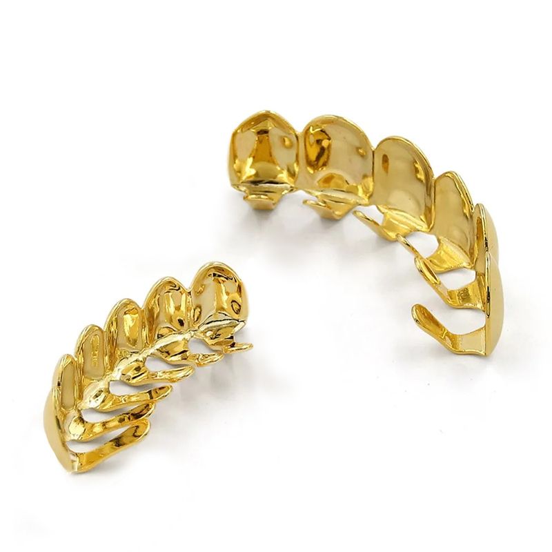 Hip Hop Unisex  Braces Teeth Grillz Caps Top Bottom Grill Set Flat Teeth Golden Dental Braces Glossy 6-tooth Gold Hip-Hop Halloween Trendy Denture Rop Gift Jewelry Couple Party Men And Women