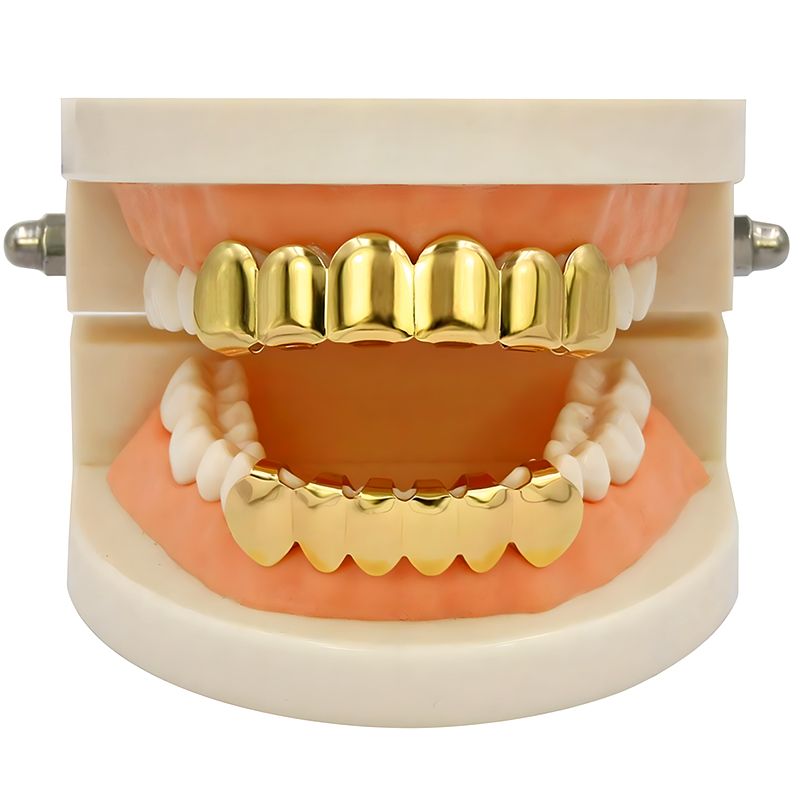 Hip Hop Unisex  Braces Teeth Grillz Caps Top Bottom Grill Set Flat Teeth Golden Dental Braces Glossy 6-tooth Gold Hip-Hop Halloween Trendy Denture Rop Gift Jewelry Couple Party Men And Women