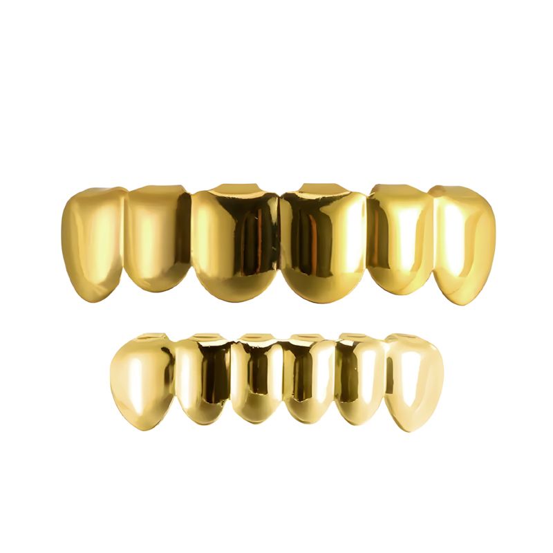Hip Hop Unisex  Braces Teeth Grillz Caps Top Bottom Grill Set Flat Teeth Golden Dental Braces Glossy 6-tooth Gold Hip-Hop Halloween Trendy Denture Rop Gift Jewelry Couple Party Men And Women