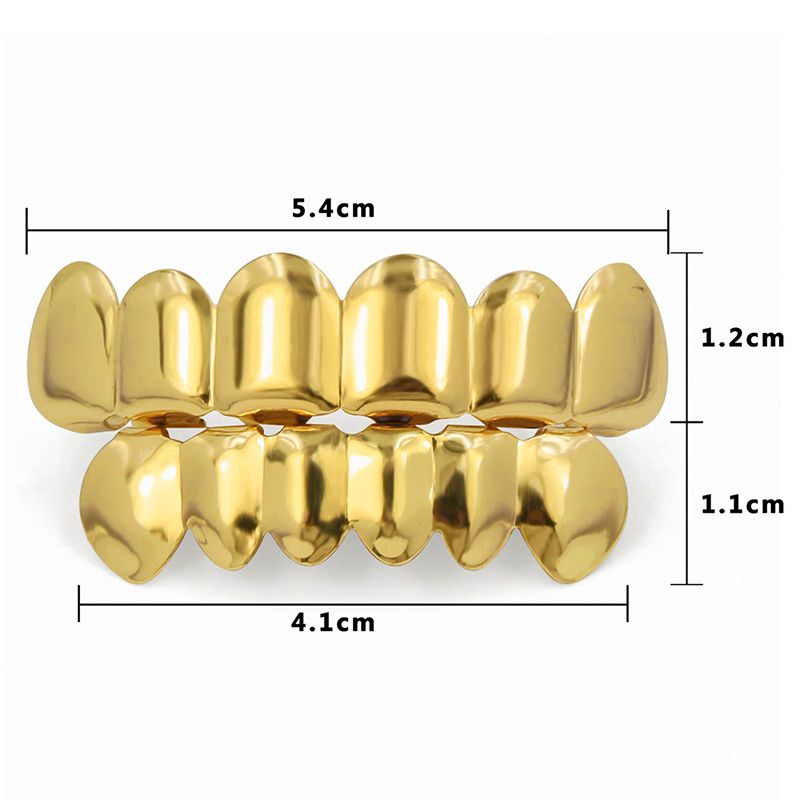 Hip Hop Unisex  Braces Teeth Grillz Caps Top Bottom Grill Set Flat Teeth Golden Dental Braces Glossy 6-tooth Gold Hip-Hop Halloween Trendy Denture Rop Gift Jewelry Couple Party Men And Women