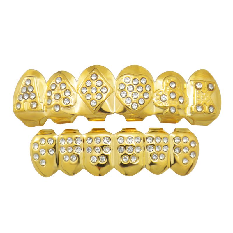 Hip-Hop Gold Braces, Upper And Lower Braces, Gold Braces, Poker Hip-Hop Decorative Braces, Real Gold-Plated Diamond Braces