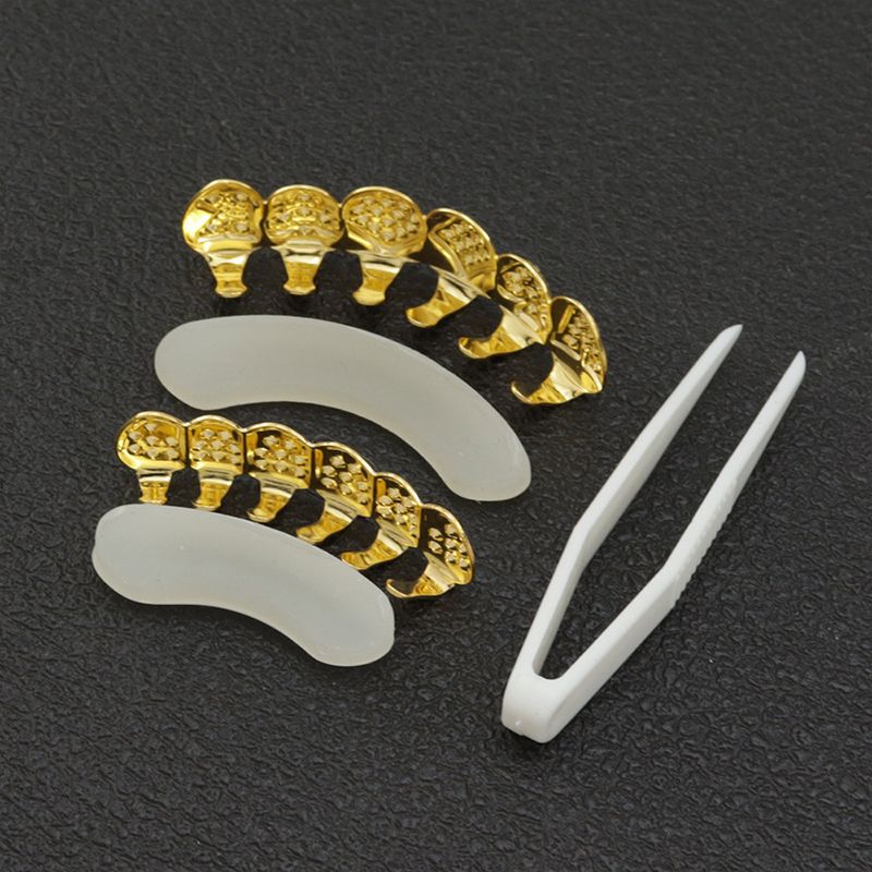 Hip-Hop Gold Braces, Upper And Lower Braces, Gold Braces, Poker Hip-Hop Decorative Braces, Real Gold-Plated Diamond Braces