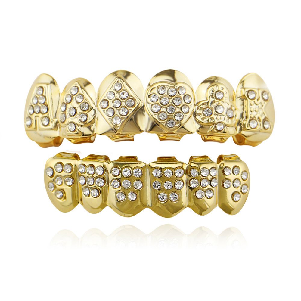 Hip-Hop Gold Braces, Upper And Lower Braces, Gold Braces, Poker Hip-Hop Decorative Braces, Real Gold-Plated Diamond Braces