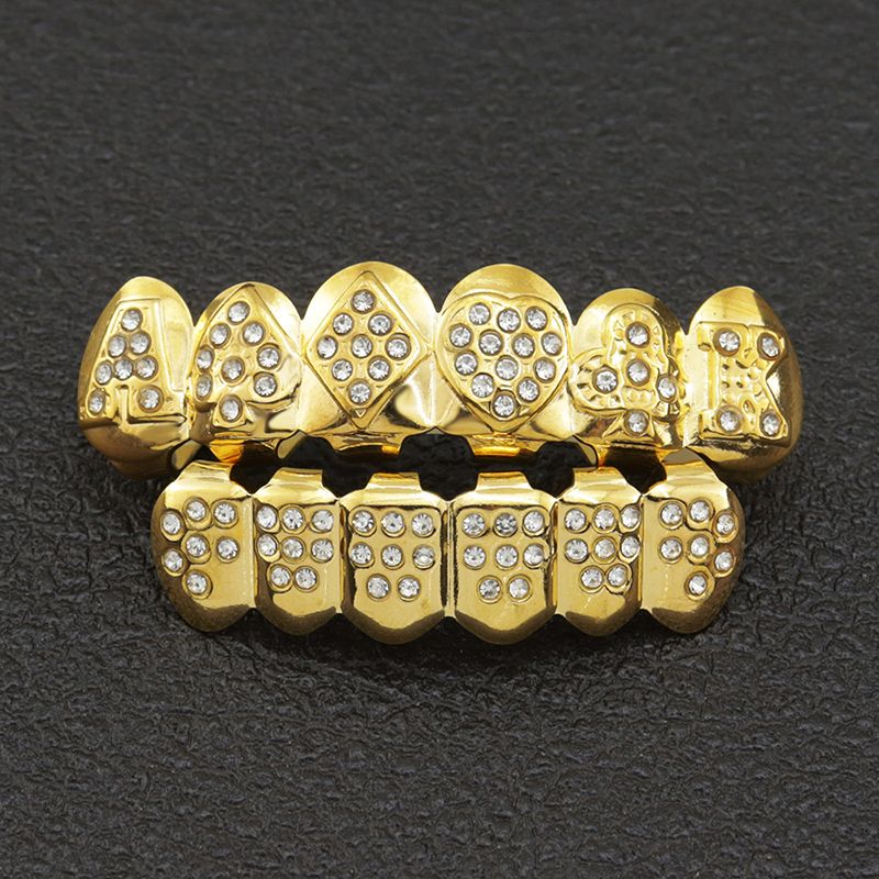 Hip-Hop Gold Braces, Upper And Lower Braces, Gold Braces, Poker Hip-Hop Decorative Braces, Real Gold-Plated Diamond Braces