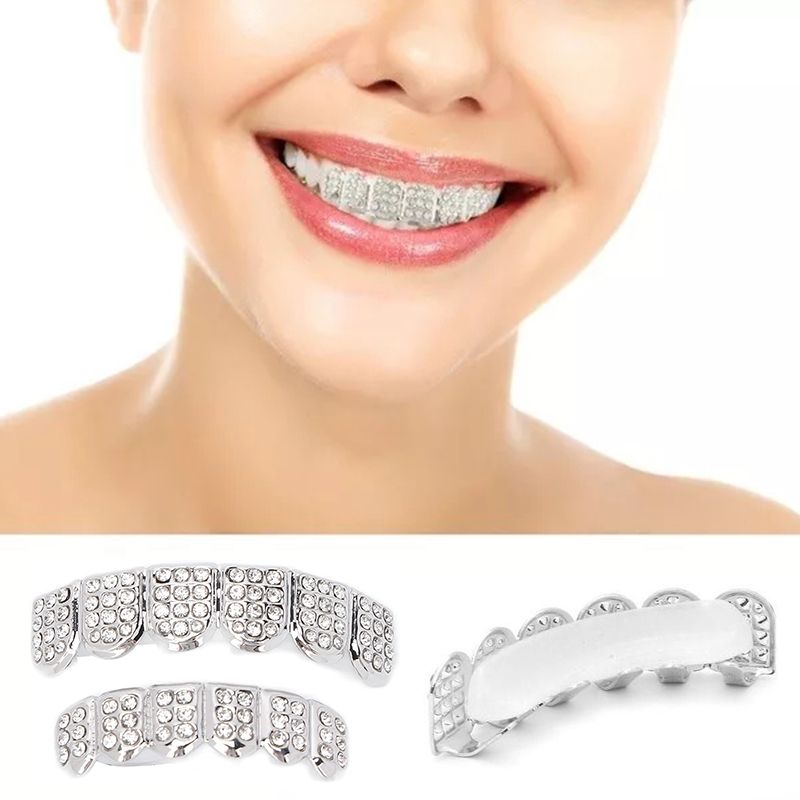 Hip-Hop Gold Braces 12 Teeth  For Men And Women Silver Diamond-Encrusted Silver Braces Silver Braces Braces Upper And Lower Braces Diamond-Encrusted Silver Braces Unisex Jewelry Couple Party