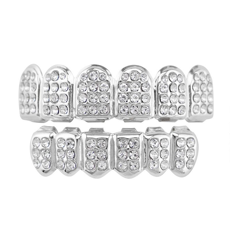 Hip-Hop Gold Braces 12 Teeth  For Men And Women Silver Diamond-Encrusted Silver Braces Silver Braces Braces Upper And Lower Braces Diamond-Encrusted Silver Braces Unisex Jewelry Couple Party