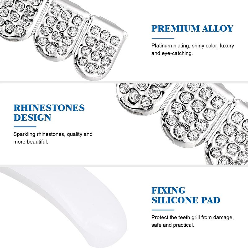 Hip-Hop Gold Braces 12 Teeth  For Men And Women Silver Diamond-Encrusted Silver Braces Silver Braces Braces Upper And Lower Braces Diamond-Encrusted Silver Braces Unisex Jewelry Couple Party