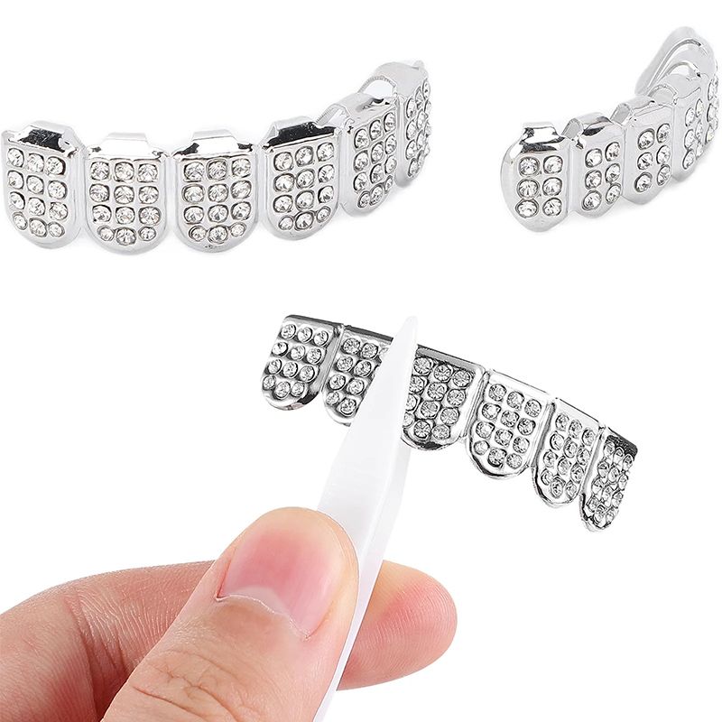 Hip-Hop Gold Braces 12 Teeth  For Men And Women Silver Diamond-Encrusted Silver Braces Silver Braces Braces Upper And Lower Braces Diamond-Encrusted Silver Braces Unisex Jewelry Couple Party