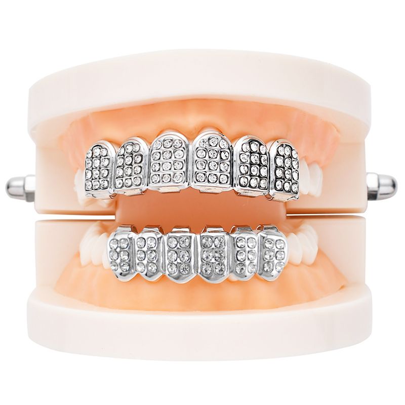 Hip-Hop Gold Braces 12 Teeth  For Men And Women Silver Diamond-Encrusted Silver Braces Silver Braces Braces Upper And Lower Braces Diamond-Encrusted Silver Braces Unisex Jewelry Couple Party