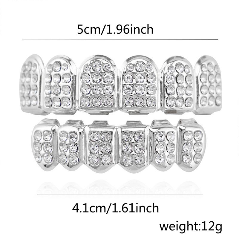 Hip-Hop Gold Braces 12 Teeth  For Men And Women Silver Diamond-Encrusted Silver Braces Silver Braces Braces Upper And Lower Braces Diamond-Encrusted Silver Braces Unisex Jewelry Couple Party