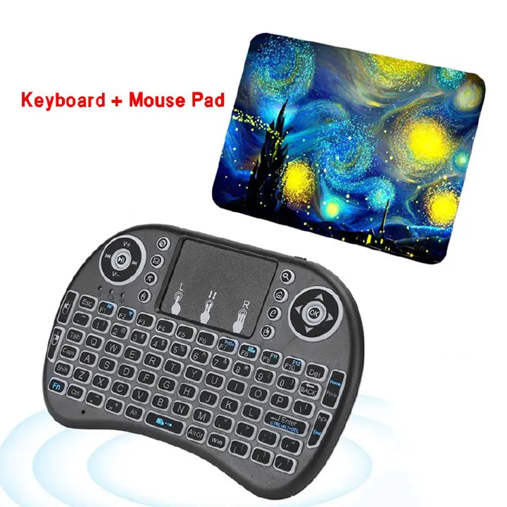 2 Pieces [Keyboard + Mouse Pad] Mini I8 Keyboard 7-Color Backlight Wireless Small Keyboard Mouse Remote Control + Mouse Pad Cute Cartoon Precision Edge-Locking Mouse Pad