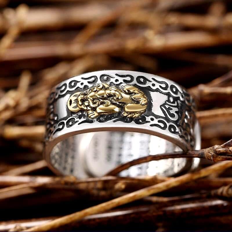 Fashion Men Jewelry Rings 2 Pieces Alloy Pixiu Rings For Men And Women Six-character Mantra Of The Heart Sutra Domineering Golden Cicada And Pixiu Personalized Heart Sutra Tide Ring