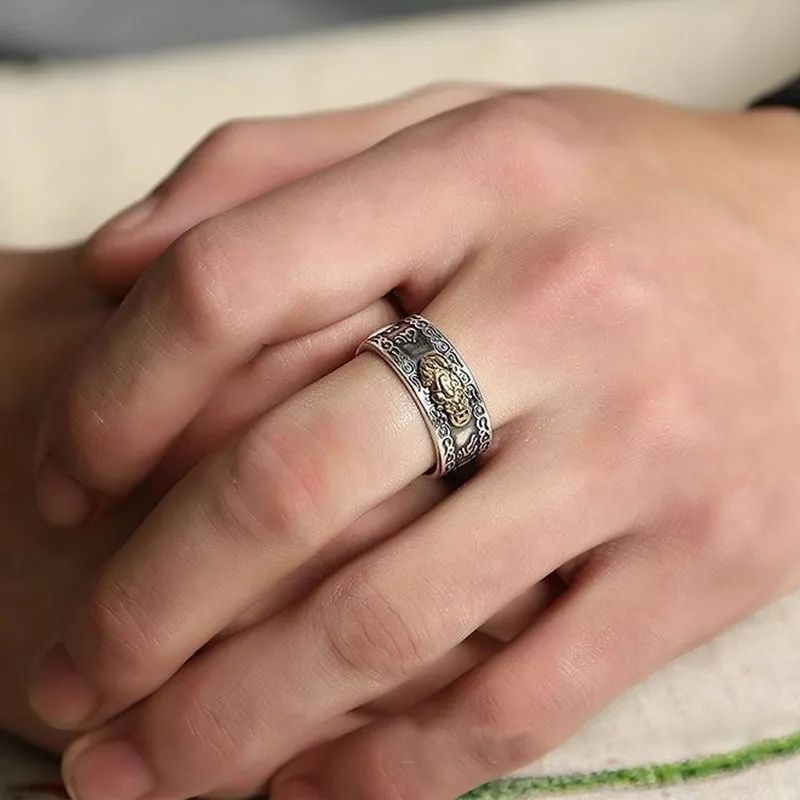 Fashion Men Jewelry Rings 2 Pieces Alloy Pixiu Rings For Men And Women Six-character Mantra Of The Heart Sutra Domineering Golden Cicada And Pixiu Personalized Heart Sutra Tide Ring