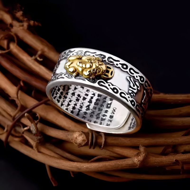 Fashion Men Jewelry Rings 2 Pieces Alloy Pixiu Rings For Men And Women Six-character Mantra Of The Heart Sutra Domineering Golden Cicada And Pixiu Personalized Heart Sutra Tide Ring