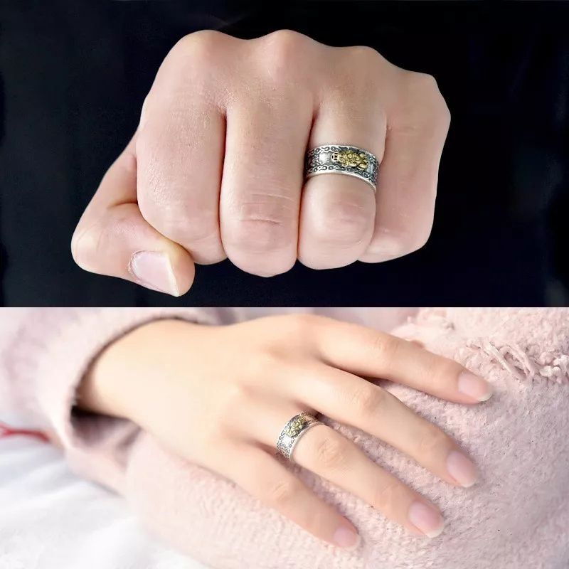 Fashion Men Jewelry Rings 2 Pieces Alloy Pixiu Rings For Men And Women Six-character Mantra Of The Heart Sutra Domineering Golden Cicada And Pixiu Personalized Heart Sutra Tide Ring