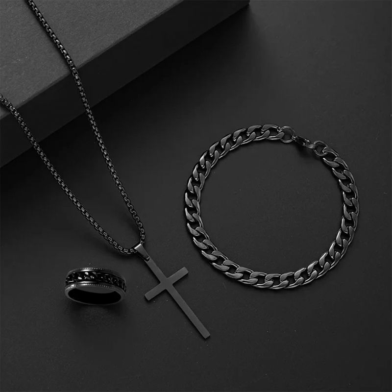 Fashion Men Jewelry Jewelry Sets 【Ring+Bracelet+Necklace】 New Cross Jewelry 3-Piece Ring Bracelet Necklace Ring+Bracelet+Necklace