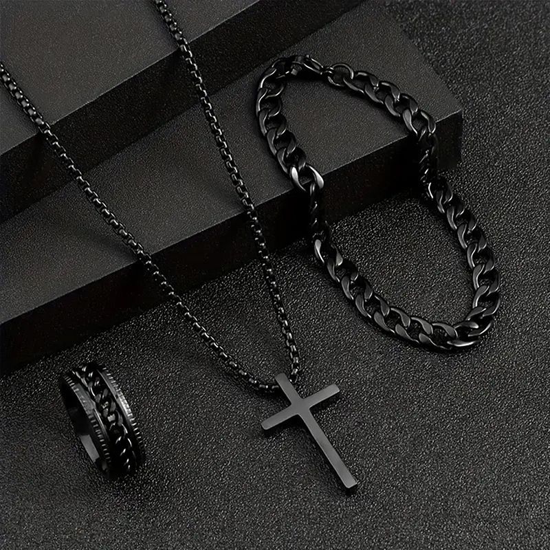 Fashion Men Jewelry Jewelry Sets 【Ring+Bracelet+Necklace】 New Cross Jewelry 3-Piece Ring Bracelet Necklace Ring+Bracelet+Necklace