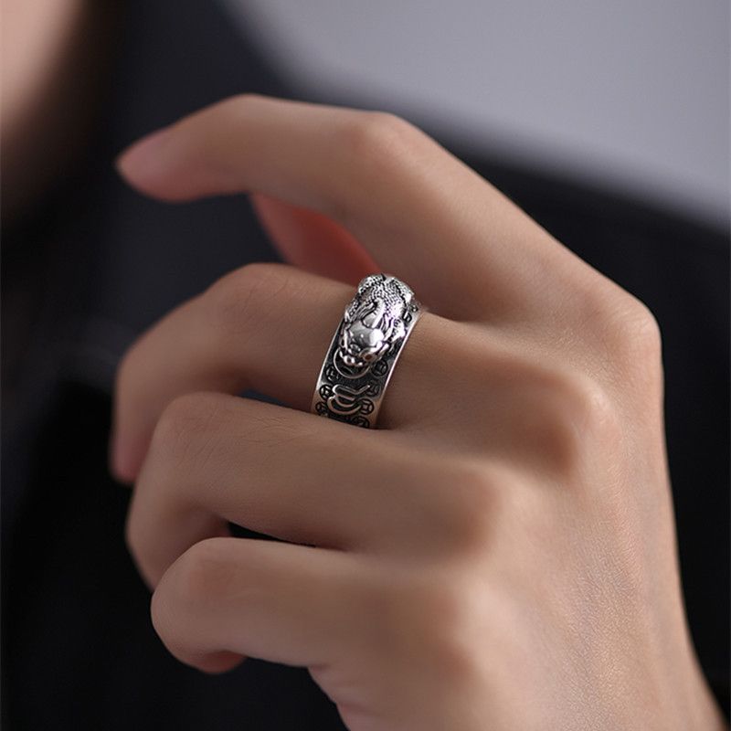 Fashion Men Jewelry Rings 【2 pieces】Little Pixiu Golden Toad Vajra Heart Sutra Ring Men And Women Lucky Pomegranate Retro Six-Word Mantra Personalized Trendy Ring