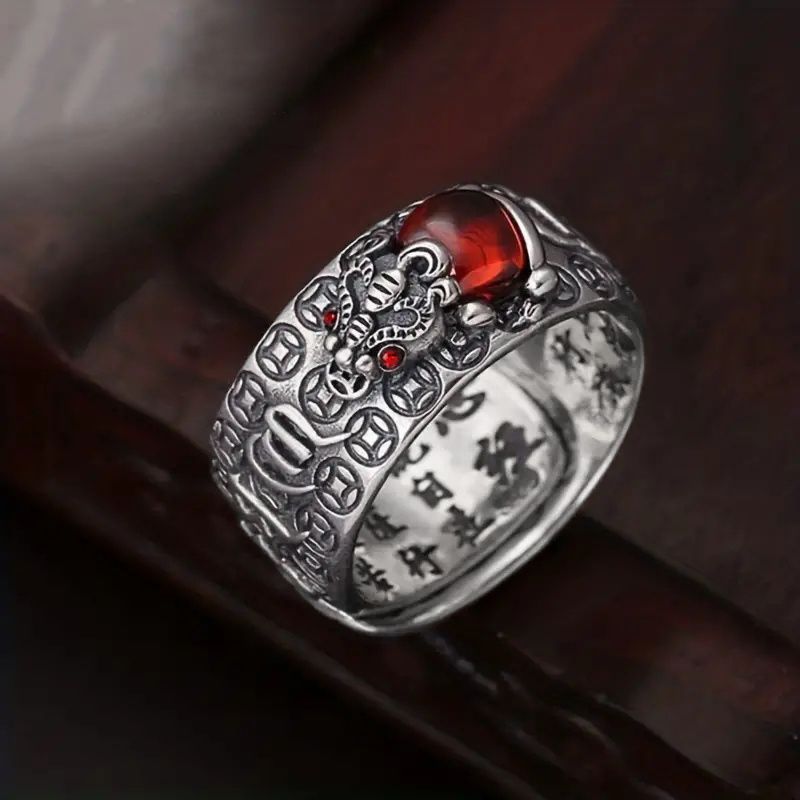 Fashion Men Jewelry Rings 【2 pieces】Little Pixiu Golden Toad Vajra Heart Sutra Ring Men And Women Lucky Pomegranate Retro Six-Word Mantra Personalized Trendy Ring
