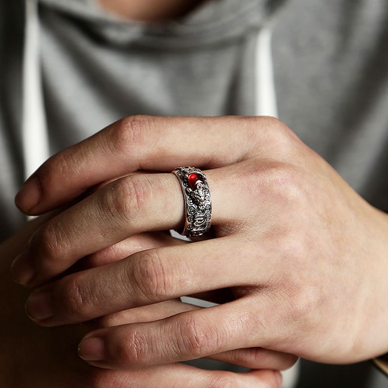 Fashion Men Jewelry Rings 【2 pieces】Little Pixiu Golden Toad Vajra Heart Sutra Ring Men And Women Lucky Pomegranate Retro Six-Word Mantra Personalized Trendy Ring
