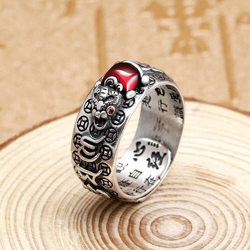 Fashion Men Jewelry Rings 【2 pieces】Little Pixiu Golden Toad Vajra Heart Sutra Ring Men And Women Lucky Pomegranate Retro Six-Word Mantra Personalized Trendy Ring