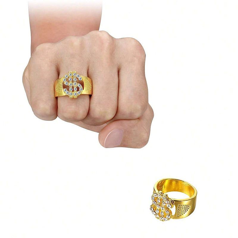 Fashion Men Jewelry Sets 【4-Piece Set】Hip-Hop Exaggerated Punk Dollar Gold Alloy Necklace Chain Glasses Ring Bracelet Set Necklace + Bracelet + Ring + Glasses Jewelry Set