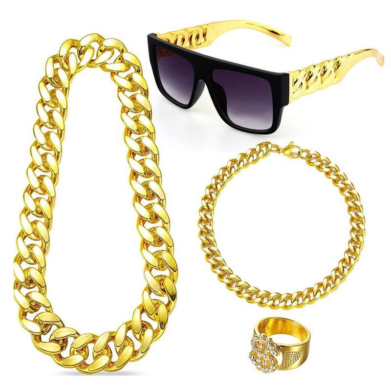 Fashion Men Jewelry Sets 【4-Piece Set】Hip-Hop Exaggerated Punk Dollar Gold Alloy Necklace Chain Glasses Ring Bracelet Set Necklace + Bracelet + Ring + Glasses Jewelry Set C-1