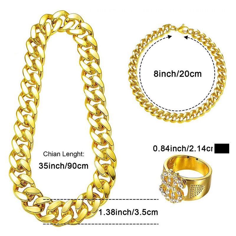 Fashion Men Jewelry Sets 【4-Piece Set】Hip-Hop Exaggerated Punk Dollar Gold Alloy Necklace Chain Glasses Ring Bracelet Set Necklace + Bracelet + Ring + Glasses Jewelry Set