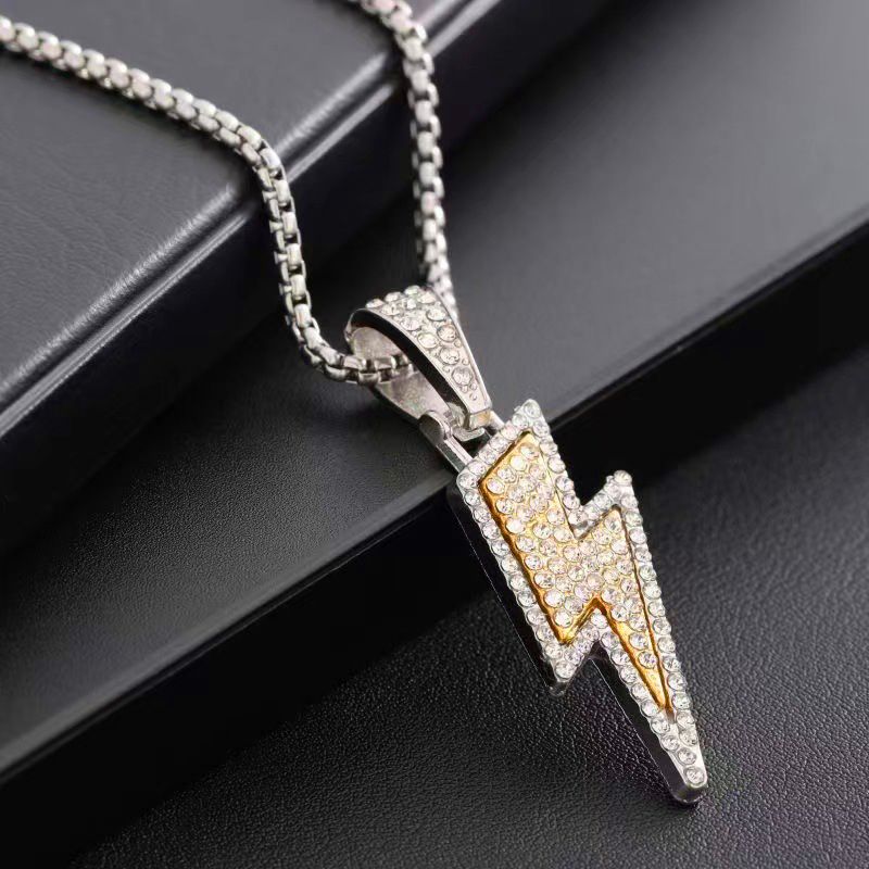 Fashion Men Jewelry Sets 【Necklace + Bracelet】 Pendant With Diamonds Fashionable And Personalized Lightning Ins Necklace + New 8-Character Buckle Alloy Bracelet Retro Personalized Auspicious Bracelet