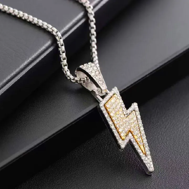 Fashion Men Jewelry Sets 【Necklace + Bracelet】 Pendant With Diamonds Fashionable And Personalized Lightning Ins Necklace + New 8-Character Buckle Alloy Bracelet Retro Personalized Auspicious Bracelet