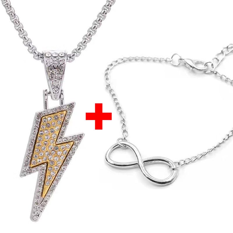 Fashion Men Jewelry Sets 【Necklace + Bracelet】 Pendant With Diamonds Fashionable And Personalized Lightning Ins Necklace + New 8-Character Buckle Alloy Bracelet Retro Personalized Auspicious Bracelet