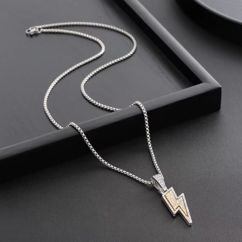 Fashion Men Jewelry Sets 【Necklace + Bracelet】 Pendant With Diamonds Fashionable And Personalized Lightning Ins Necklace + New 8-Character Buckle Alloy Bracelet Retro Personalized Auspicious Bracelet